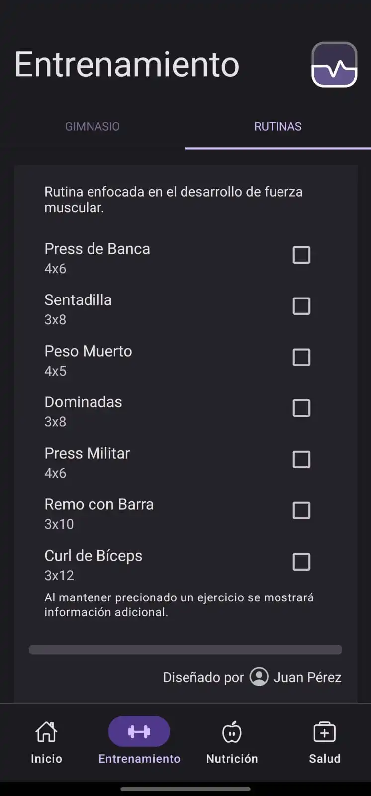 Gestión de rutinas de entrenamiento en app móvil modo oscuro