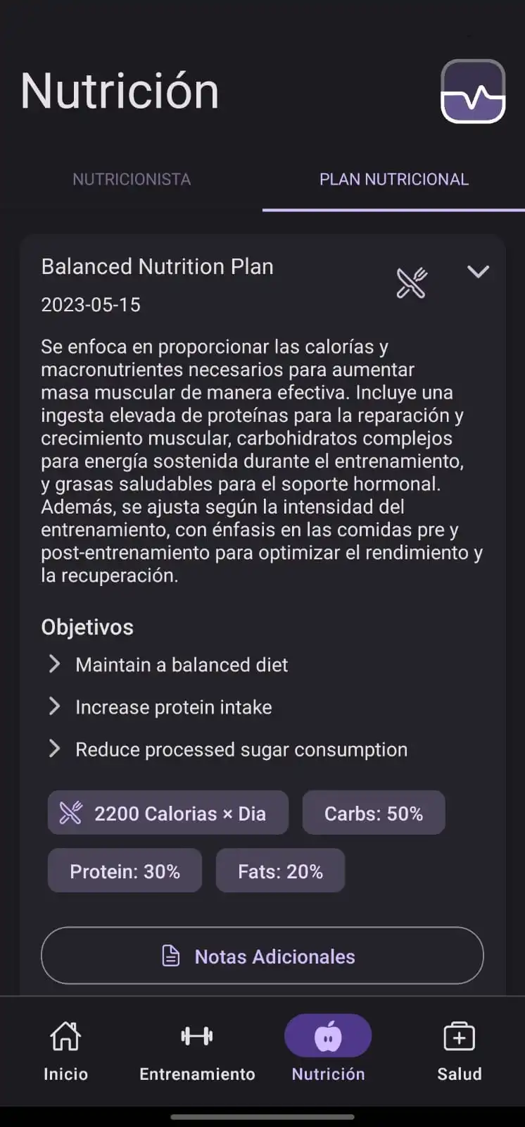Plan nutricional en app móvil en modo oscuro
