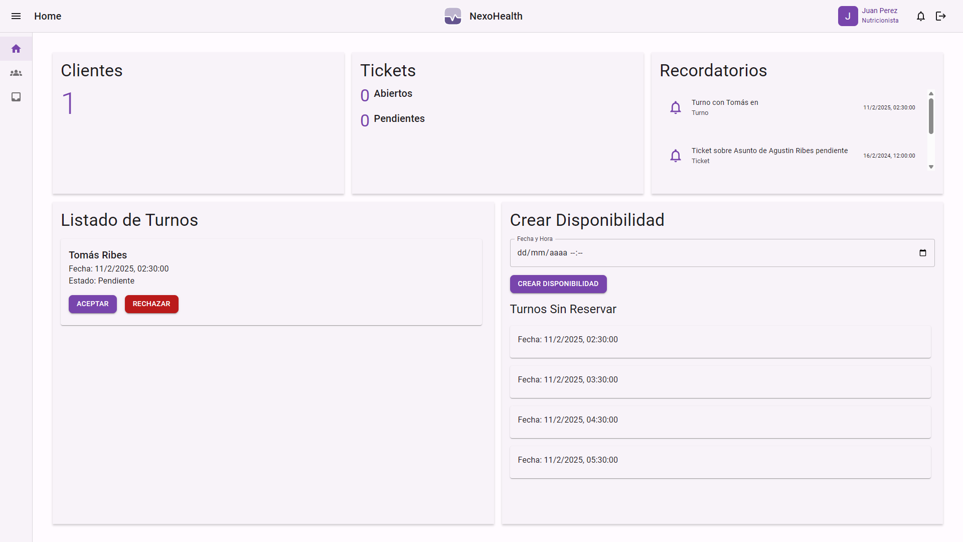 Dashboard web de NexoHealth