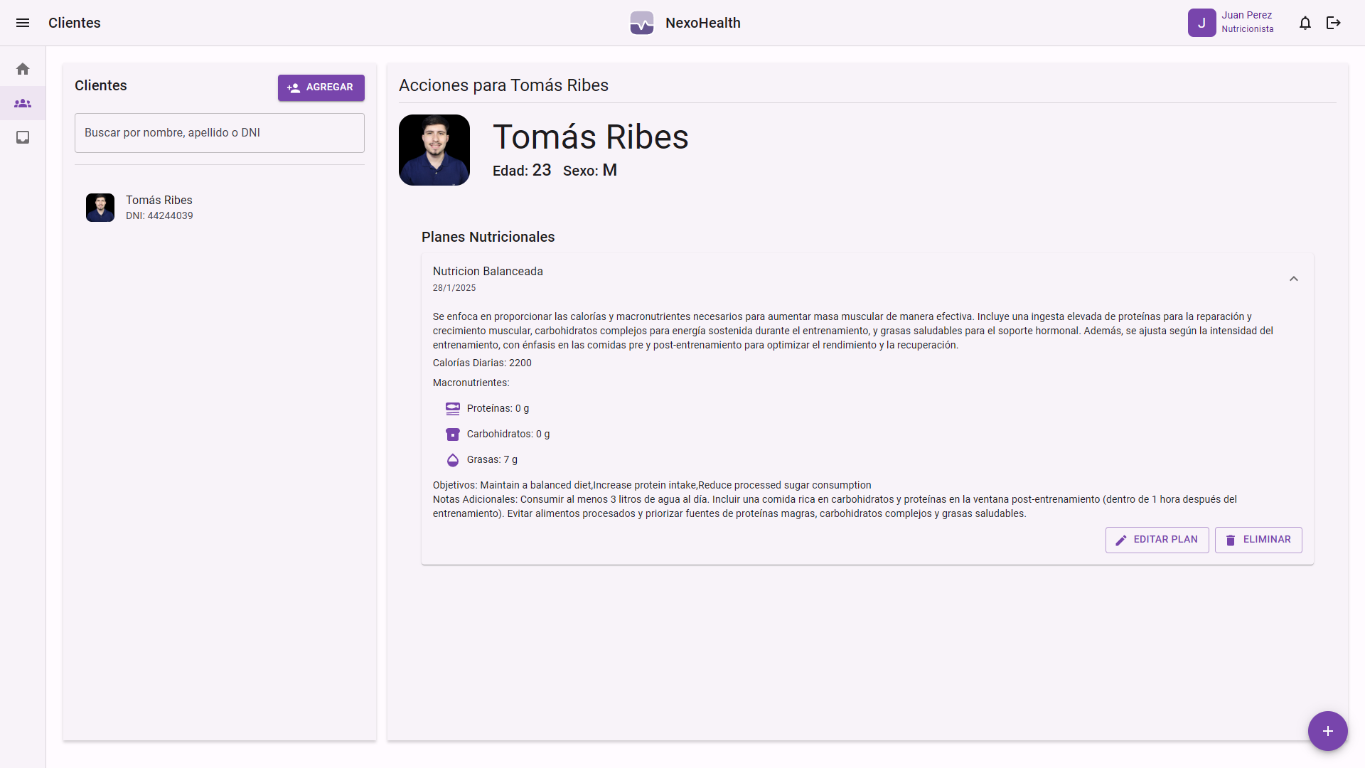 Perfil de cliente con plan nutricional en la plataforma web